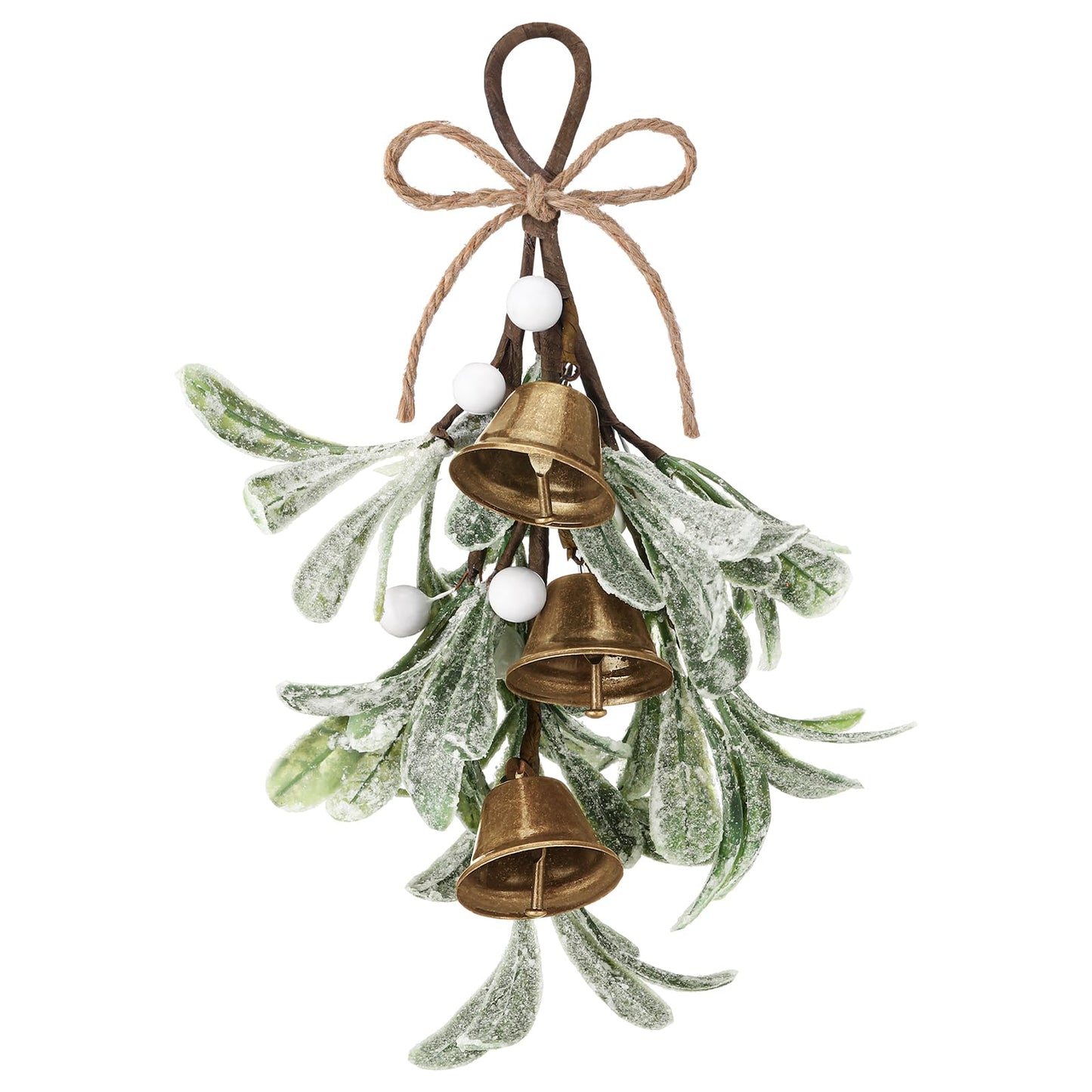 Tigeen Christmas Mistletoe Kiss Decor with Metal Bells and Bow Knots 8.6 Inch Artificial Christmas Mistletoe Hanging Ornaments for Xmas Party Tree Doors Walls Window Fireplaces Decorations(White)