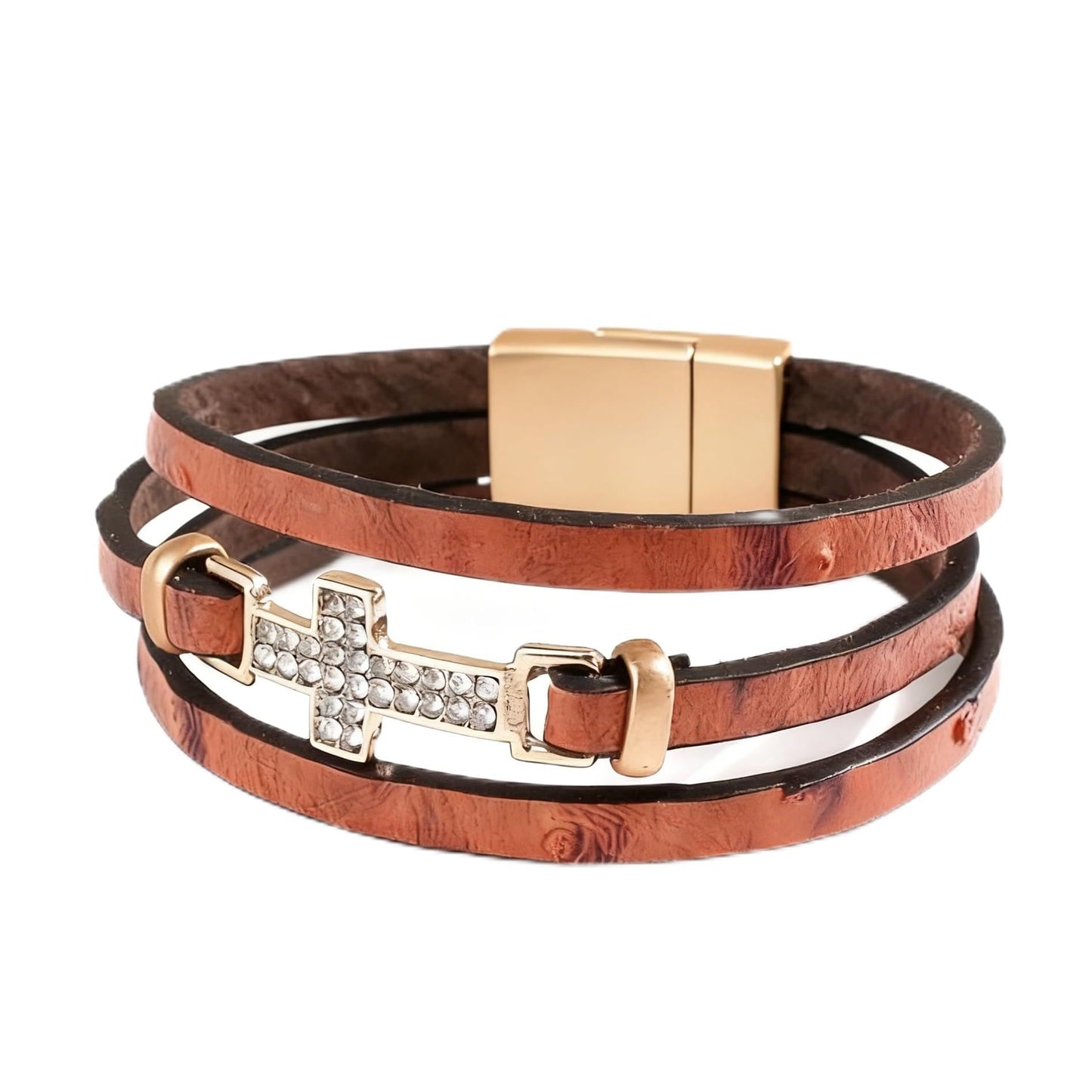 Cross Leather Bracelets Wrap Bracelets for Women Layered Leather Bracelets Bangle Cuff Jewelry for Lady （Reddish brown）