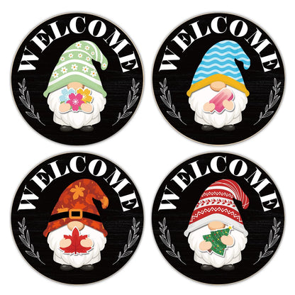 Interchangeable Gnome Welcome Sign Summer Patriotic 4th of July Porch Decor, Changeable Wood Gnomes Front Door Decoration Wreath Hanger for Spring Fall Winter All Seasons Holiday, Black and White