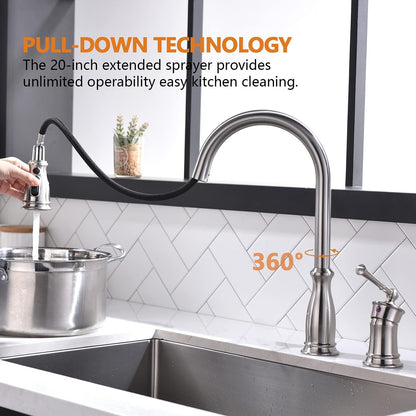 APPASO 3 Hole Kitchen Faucet with Pull Down Sprayer, Kitchen Faucets with Soap Dispenser, 3 Pieces Kitchen Sink Faucet with Separate Handle, Matte Black Kitchen Faucet 3 Hole, 218MB