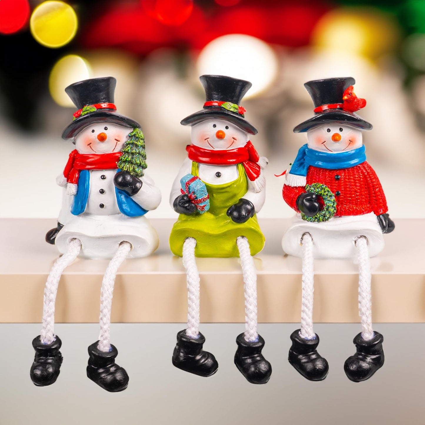 Dazzle Bright Christmas Figurines, Set of 3 Resin Santa Snowman Sitters with Dangling Legs, Xmas Table Fireplace Shelf Sitters Decorations Sitting Figurines Ornament for Indoor Home Decor