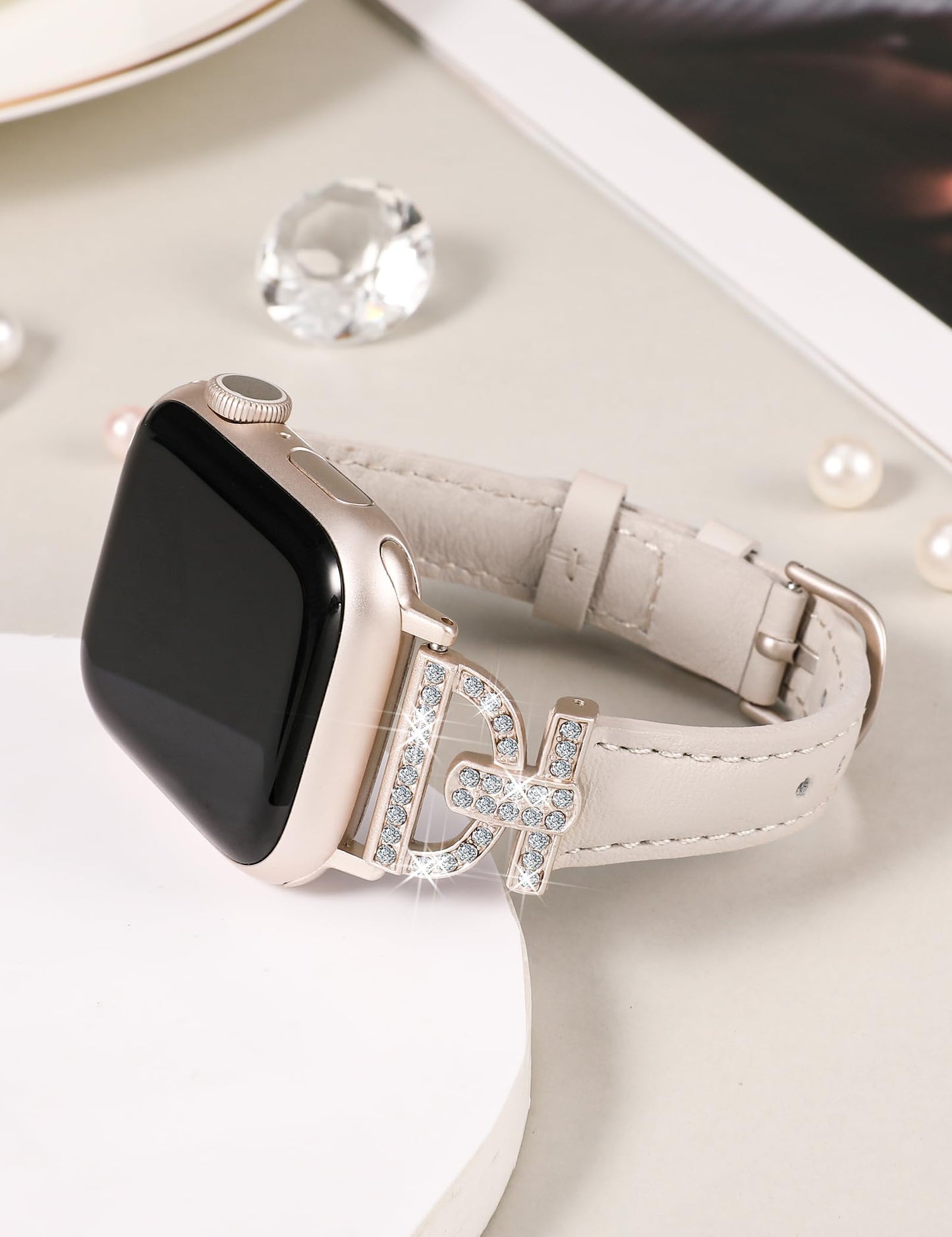 TOYOUTHS Leather Band Compatible with Apple Watch Band Women 42/41/40/38mm Dressy Slim Thin Strap with D-Shaped Diamond Metal Buckle Bracelet for iWatch Series 11 10 9 8 7 6 5 4 SE 3 2 1, Starlight