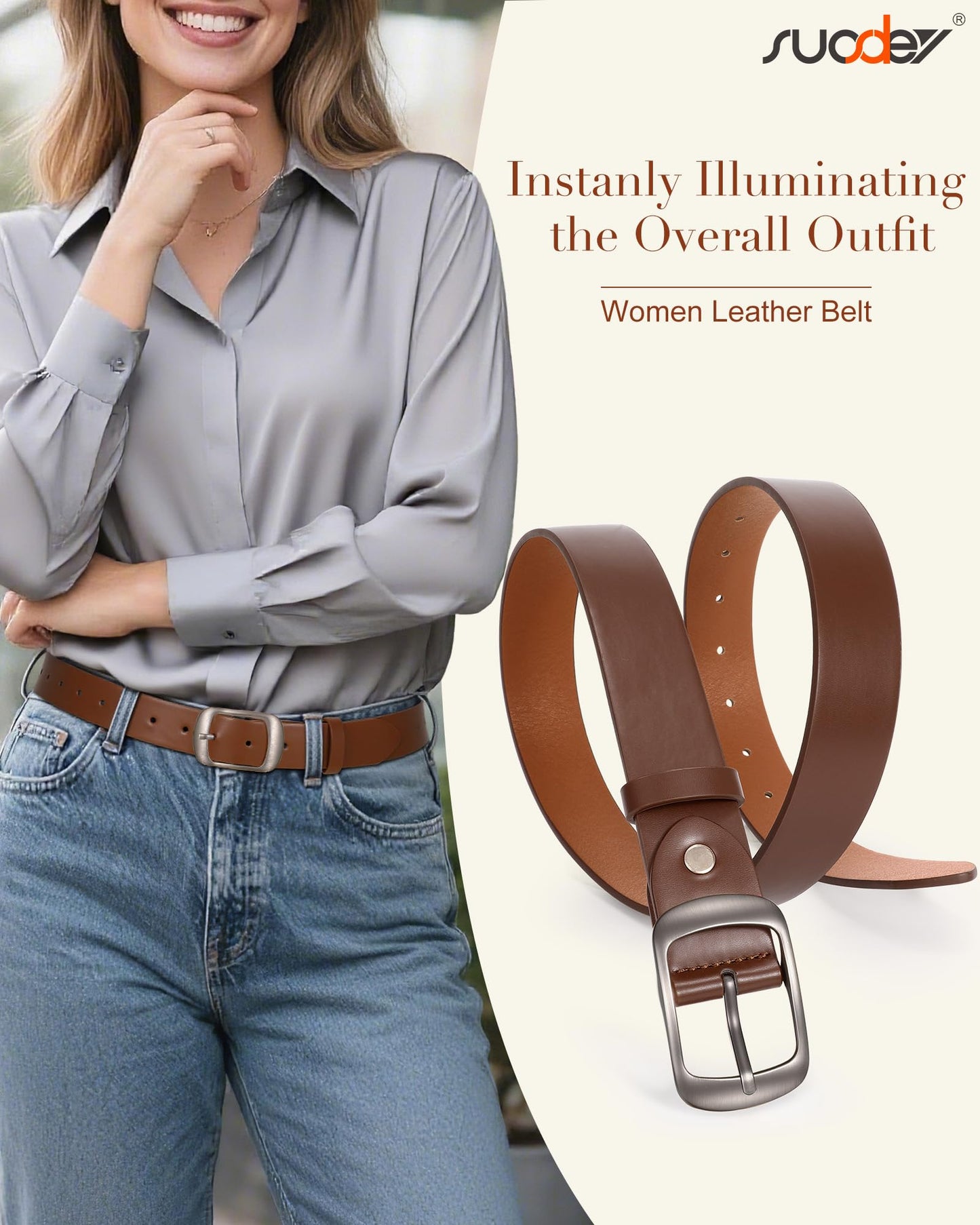 SUOSDEY Women Belts For Jeans Dresses Pants Ladies Light Coffee Belt Leather Waist Belt with Elegant Buckle Width 1.3"