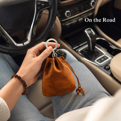SICOPERT Mini Leather Drawstring Coin Purse with Titanium Alloy Key Ring, Genuine Crazy Horse Leather Small Pouch Keychain Wallet for Coins, Keys, Earbuds, Jewelry, Essentials, Gift for Women and Men
