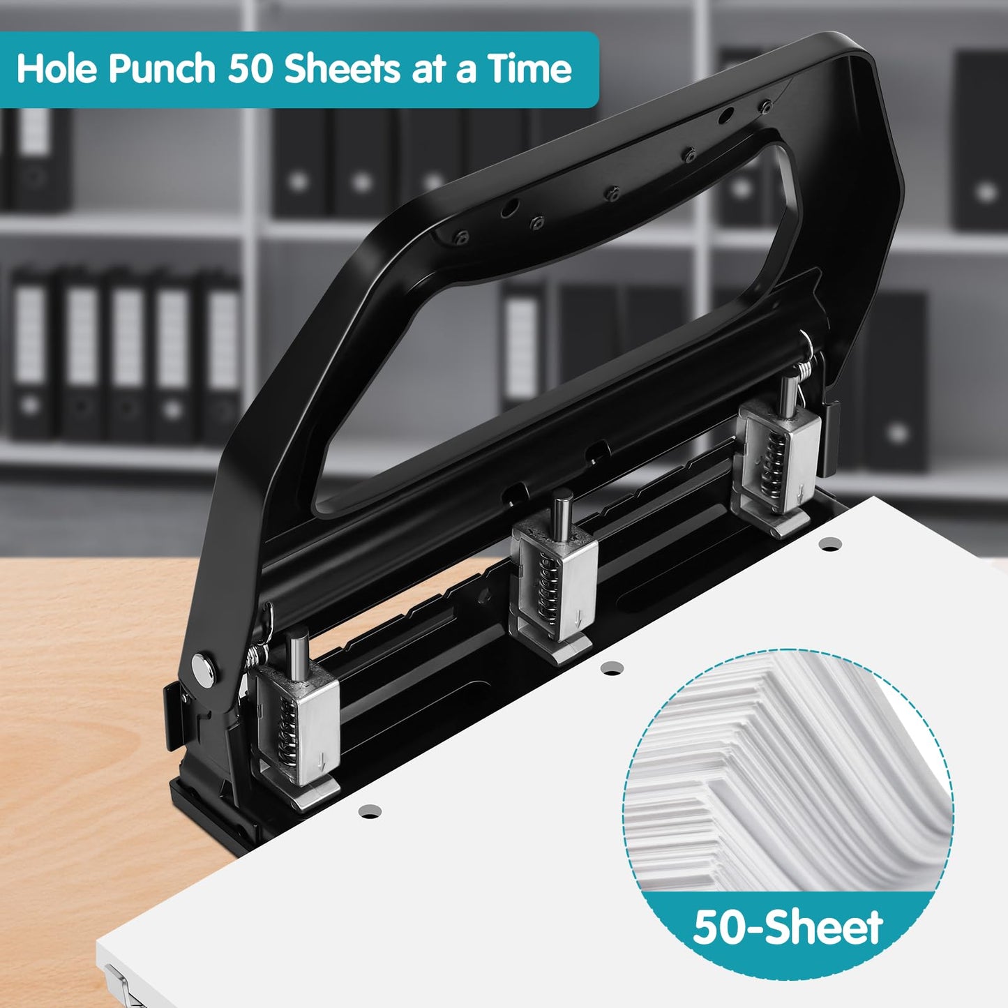 AFMAT 3 Hole Punch Heavy Duty, 9/32" Holes, 50-Sheet Hole Puncher 3 Ring, 50% Reduced Effort, Adjustable Two & Three Hole Punch, Metal Paper Puncher w/Large Chip Tray, Metal Paper Guide, Black, HP18