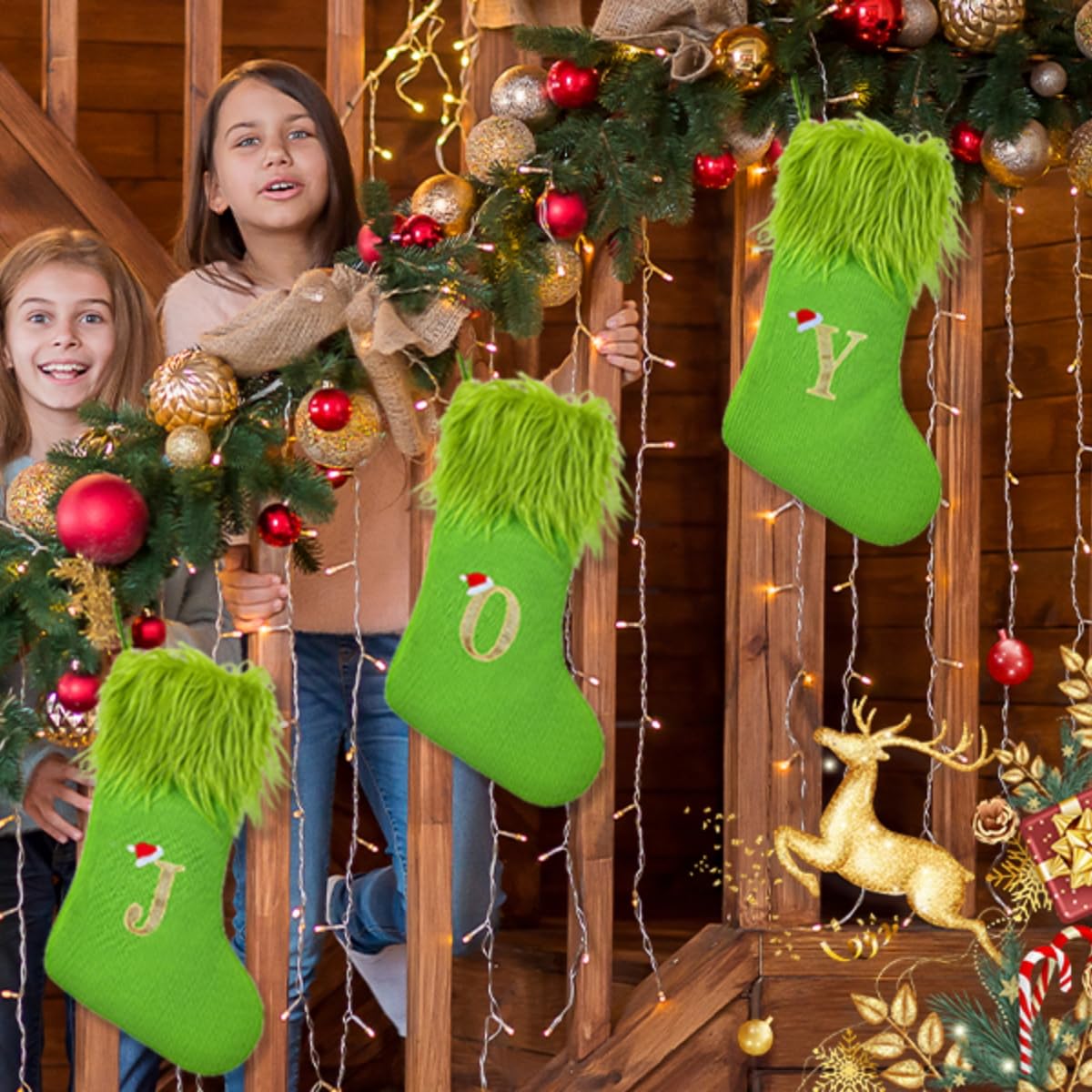 MOJDIOSM Green Christmas Stockings with Initials, 18” Knit Monogram Christmas Stockings with Golden Letter, Large Personalized Christmas Stocking for Christmas Tree Fireplace Home Decor