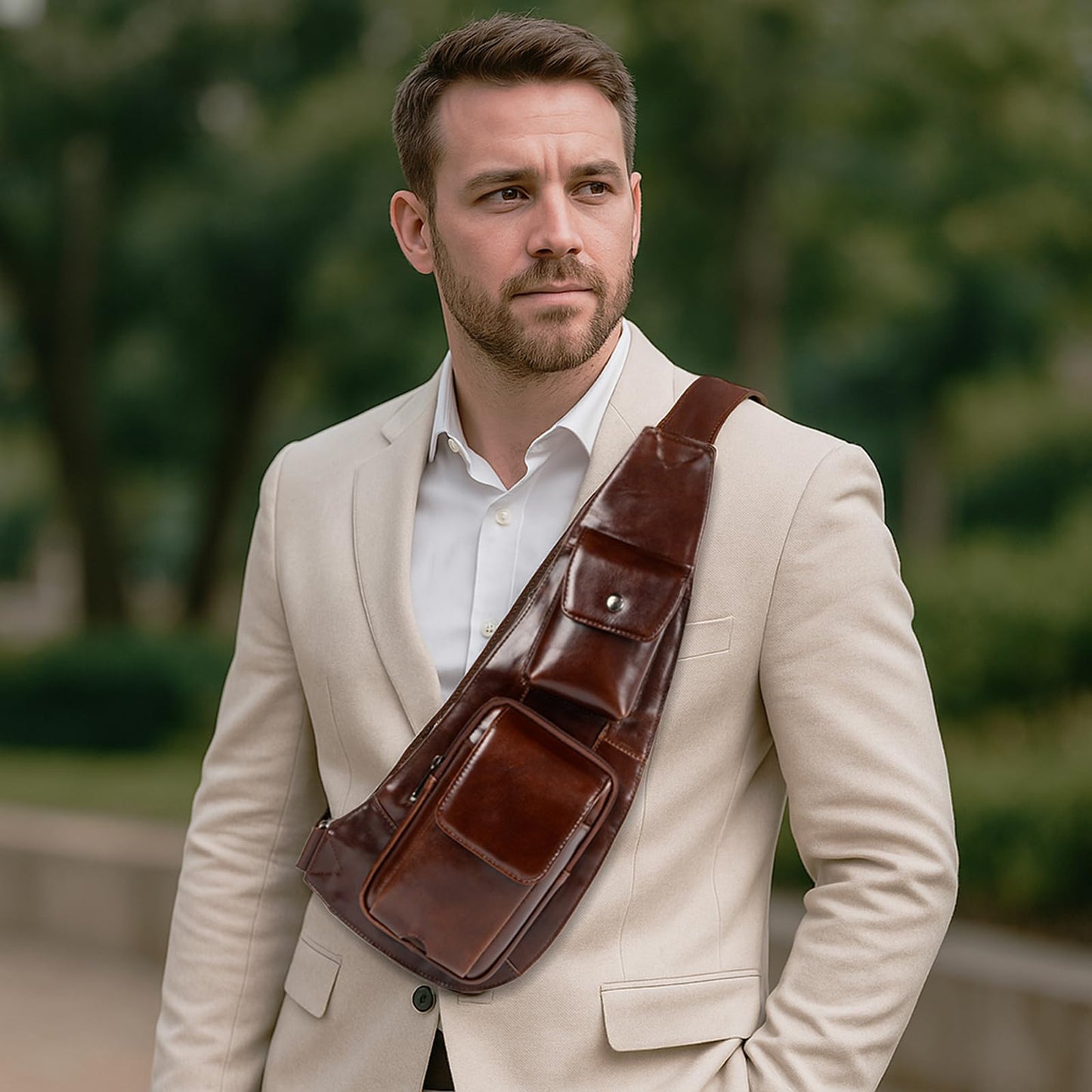 Ariscobull - Genuine Leather Sling Bag for Men - Crossbody Shoulder Chest Pack - Travel Crossbody Bag Man Purse (Brown)