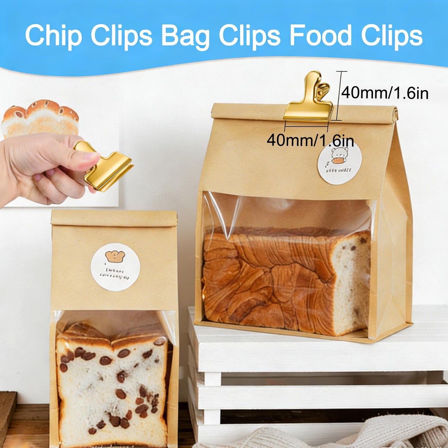 Chip Clips, 18 Pack Stainless Steel Bag Clips, 1.57'' Heavy Duty Snack Bread Coffee Clip, Air Tight Seal Food Clip Clamp Office Paper Clamps for Food Packages, Kitchen, Office, Home, Fridge Gold