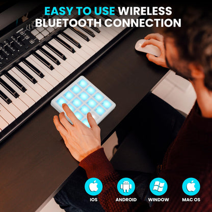 M-VAVE Wireless MIDI Controller Pads, 4.1 * 4.1 Inch, 0.28 LBS, Bluetooth Portable USB with 16 Drum, Note Repeat, Full Level Buttons, Rechargeable battery (White Pocket)