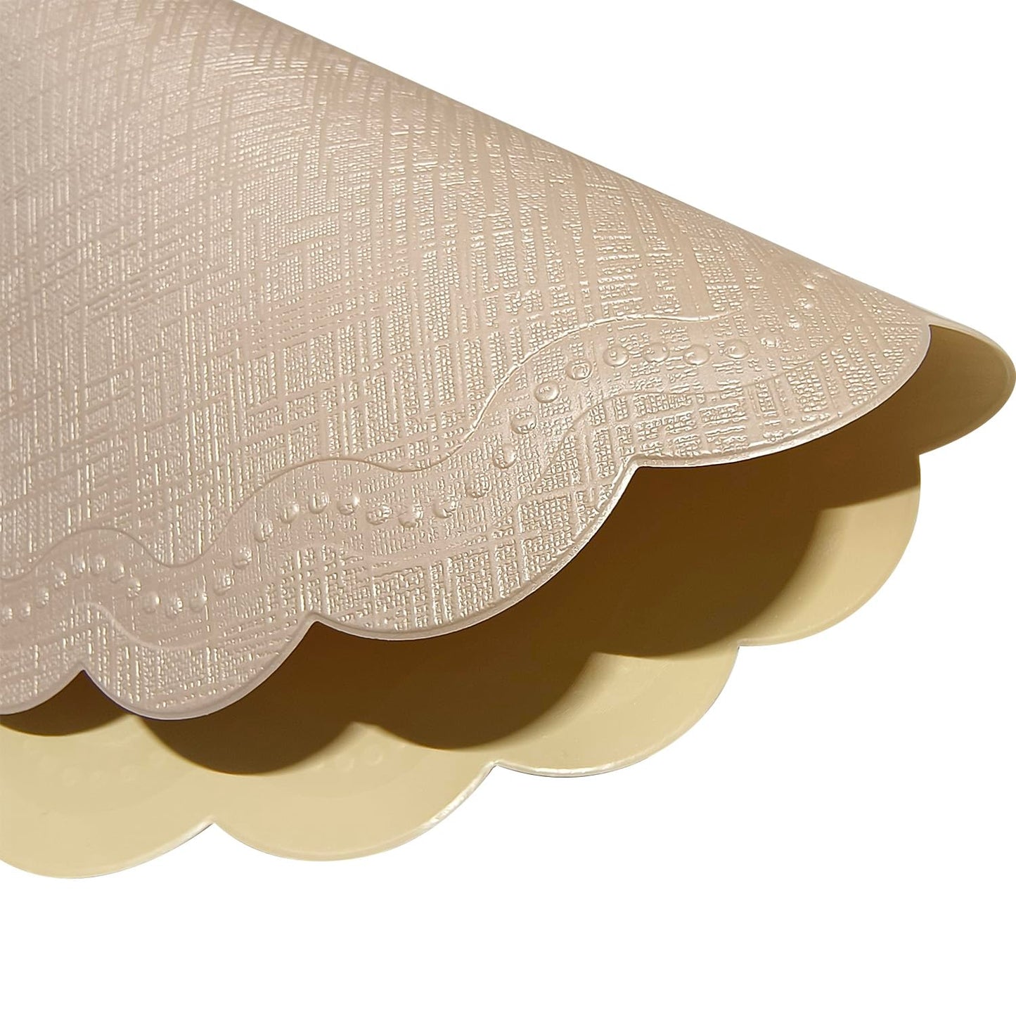 LINSBO Round Placemats Set of 6, 15 Inch Scalloped PU Faux Leather Non-Slip Heat Resistant Table Mats Decor (Light Champagne Gold)