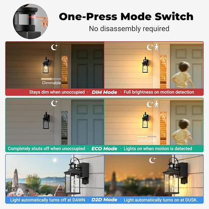 Front Porch Lights Outdoor Wall Mount Sconce with GFCI Outlet, Black Gold Trim Motion Sensor Modern Exterior Garage Lighting Fixtures, 100% Aluminum Waterproof Outside House Lights, 2 Pack