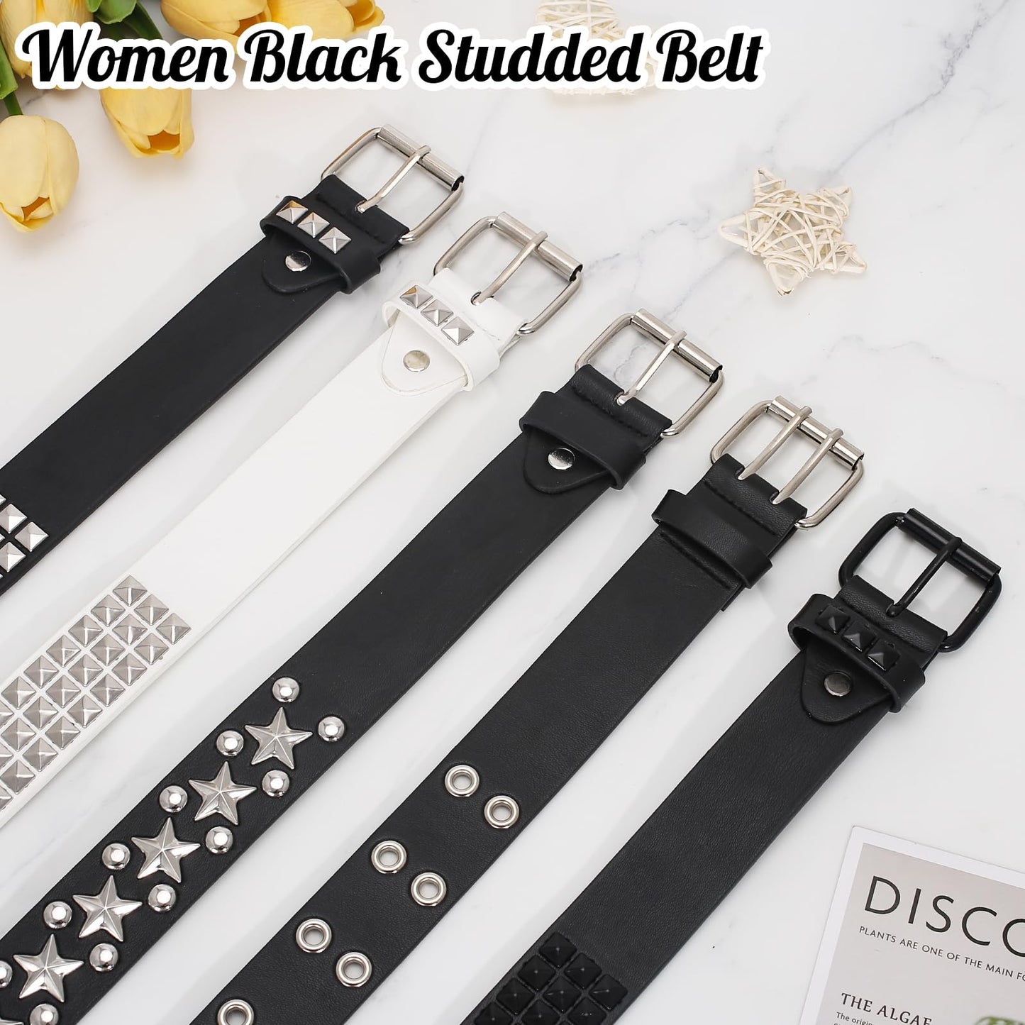 SNCEAW 3 Pcs Studded Belt Y2K Metal Goth Punk Rock Rivet Belt with Bright Pyramid Studded for Women Men (Silver+Black+Double Holes, Fit Pant 27-32 inch)