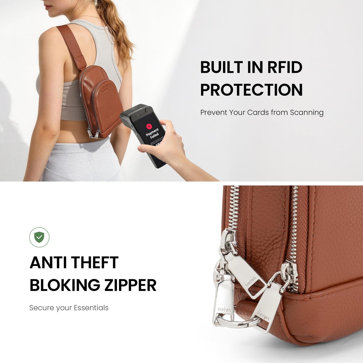 befen Genuine Leather Sling Bag for Women, Anti Theft Crossbody Purses with Built in RFID Wallet, Crossbody Sling Bag for Travel with Card Slots, Small Crossbody Bags for Daily Brown