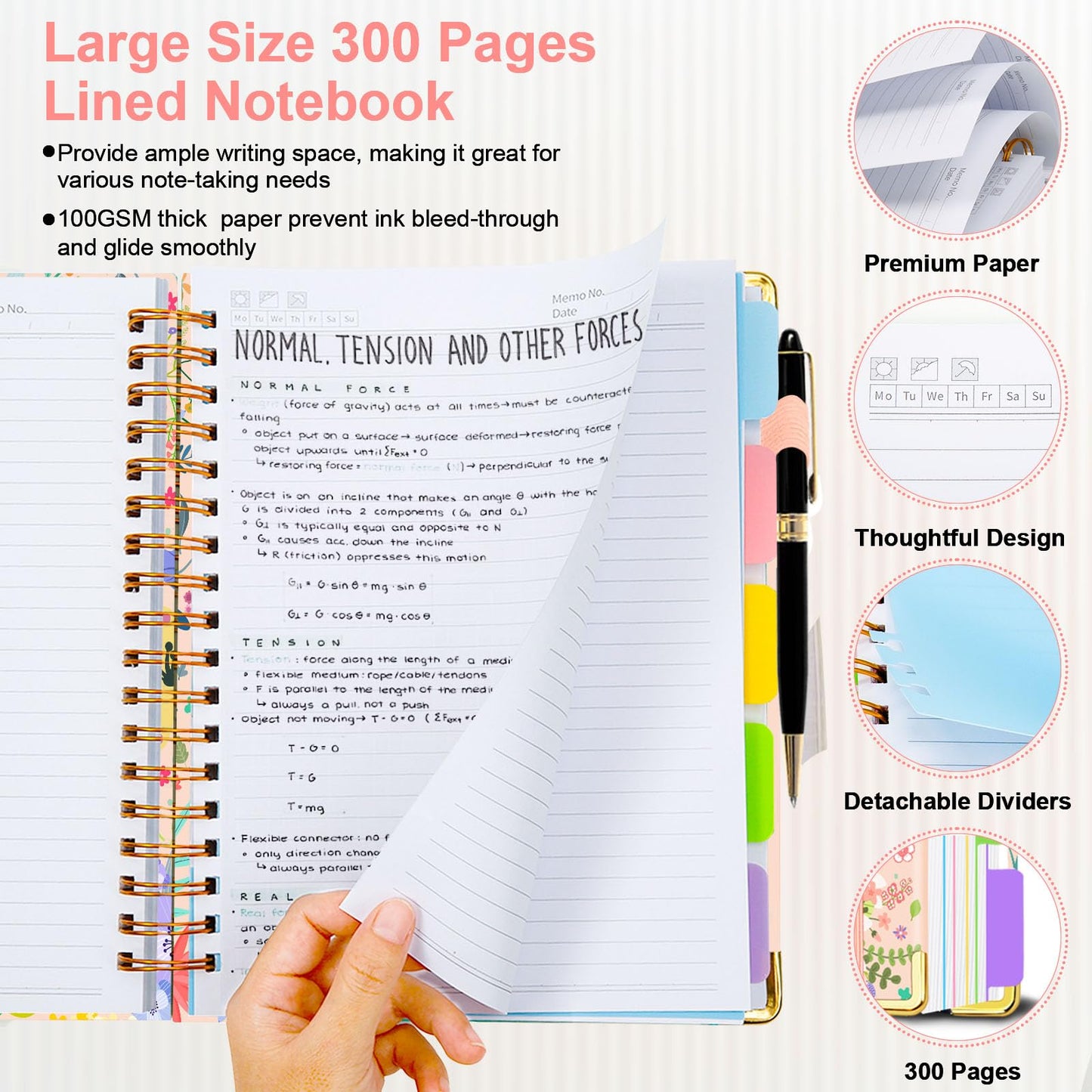 Spiral Journal Notebooks for Work, 300 Pages 5 Subject Notebook College Ruled with Dividers & Tabs, 8''x 10'' Large Notebook Journal for Women Students Note-Taking and Organizer (Beige Bloom)