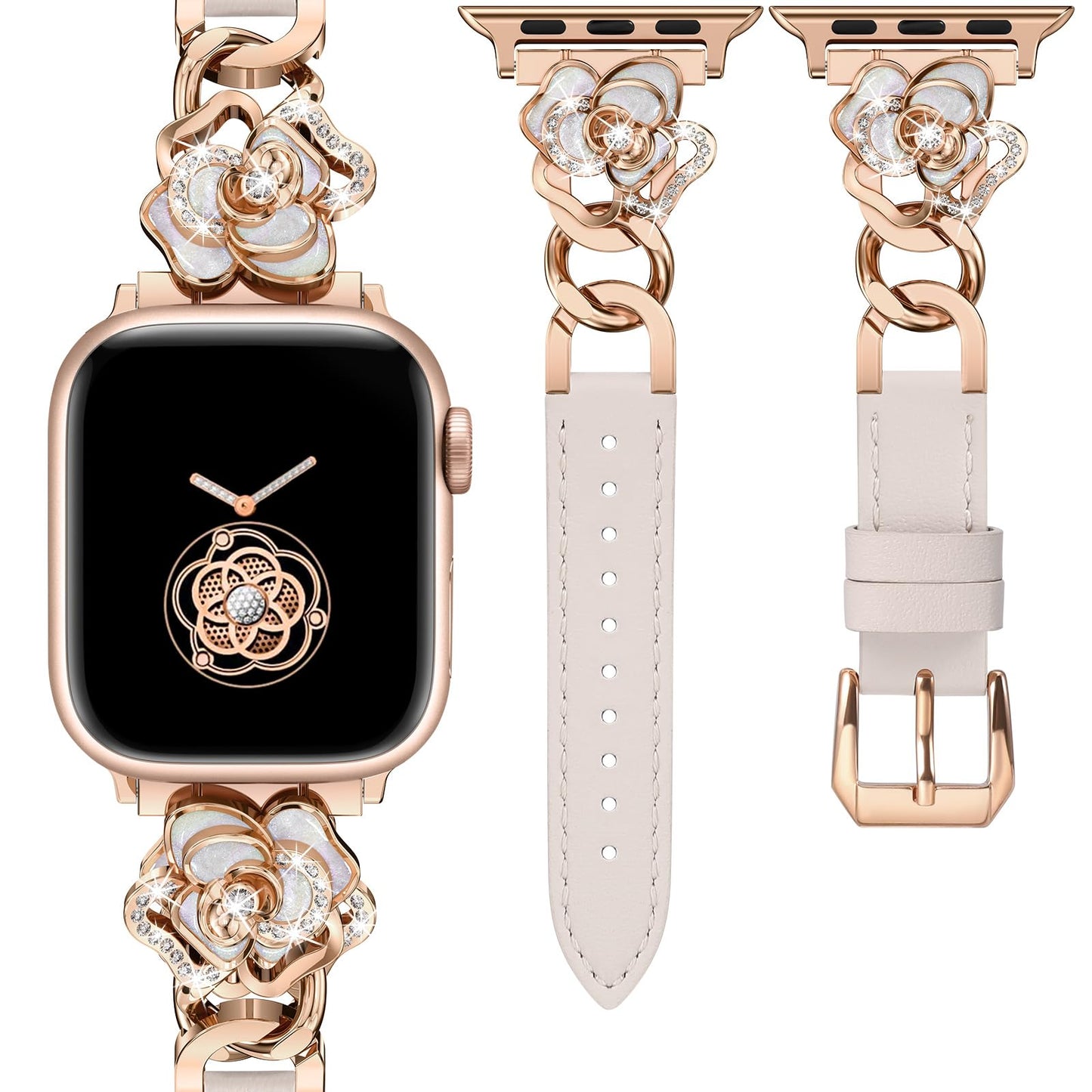 Minyee Compatible with Apple Watch Band 42/44/45/46/49mm Women, Dressy Elegant Leather Metal Chain Strap with Camellia Charms for iWatch Series 11 10 9 8 7 6 5 4 SE/Ultra 3 2 1, Starlight/Rose Gold