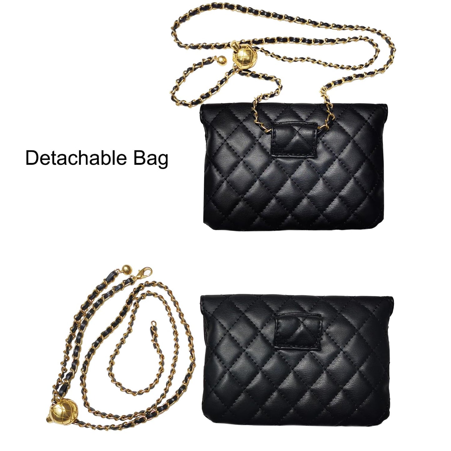 Larswon Chain Belt Bag for Women, Synthetic Leather Belt Purse Chain Purse Mini Goth Fanny Pack Fashion Waist Packs Detachable Small