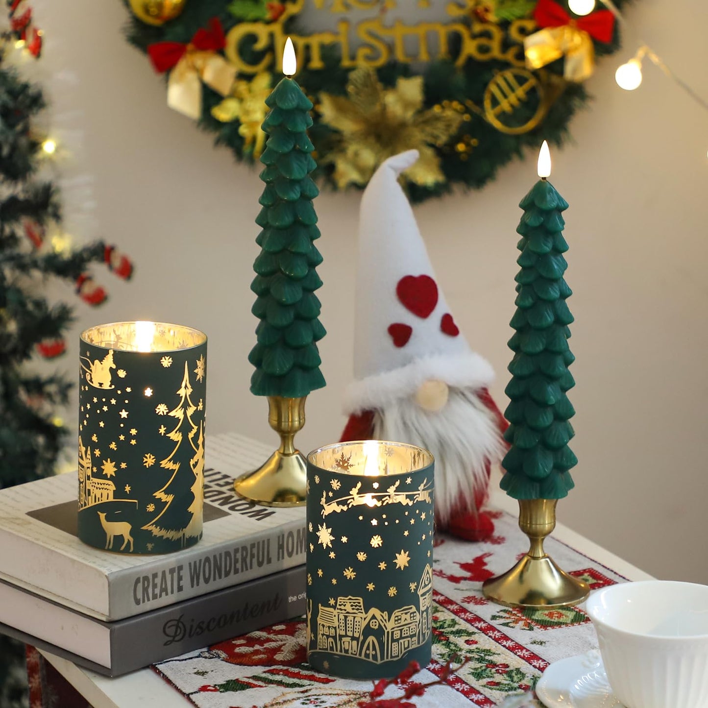 MUMCHASI Chritsmas Tree Flameless Candles, Real Wax Christams LED Taper Candles, Battery Operated Candles, Flickering Candlesticks for Home Christmas Decor Gifts, Green, Remote Control