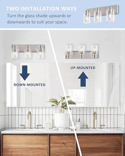 3-Light Bathroom Vanity Light Fixtures,Modern Wall Sconces,Bathroom Lights Over Mirror,Wall Mounted Lamp for Kitchen Living Room Bedroom Hallway,Brushed Nickel Finish with Clear Glass Shade