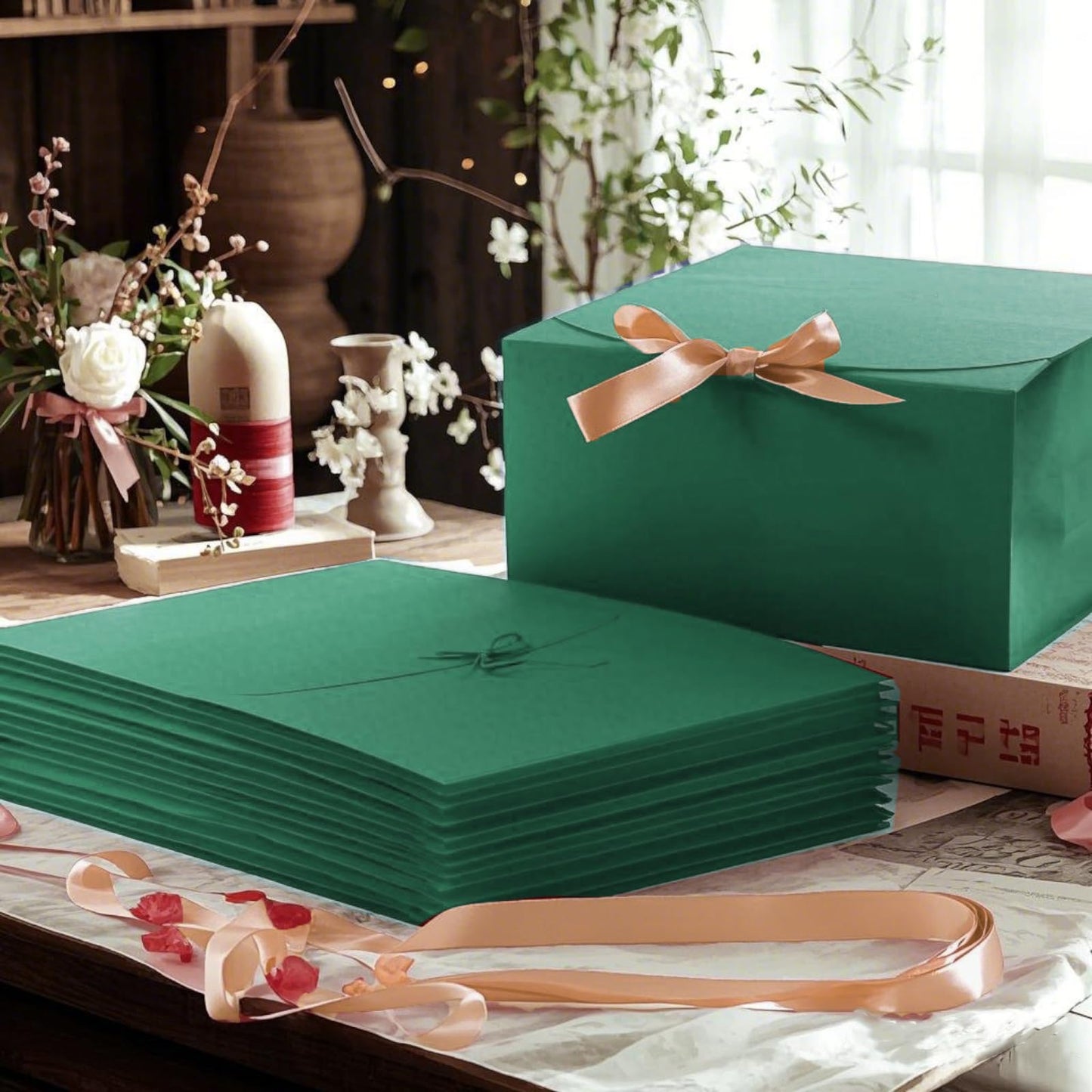 LWYMX 12 PCS Green Gift Boxes with Lids，9.8x7.8x3.9, Bridesmaid Proposal Box with Ribbon, Gift Boxes for Wedding, Christmas, Valentine's Day,Birthday,Baby Shower and the other Parties