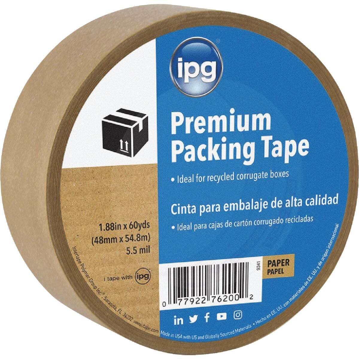 IPG 9341 Kraft Paper Flatback Premium Packing Tape, 1.88" x 60 yd, Brown, (Single Roll) (packaging may vary)