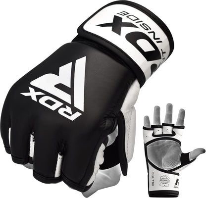 RDX MMA Gloves for Martial Arts Grappling Sparring Training, Cowhide Leather Open Palm, Long Wrist Strap Padded Mitts for Muay Thai, Punching Bag, Speedball Workout Kickboxing Cage Fighting