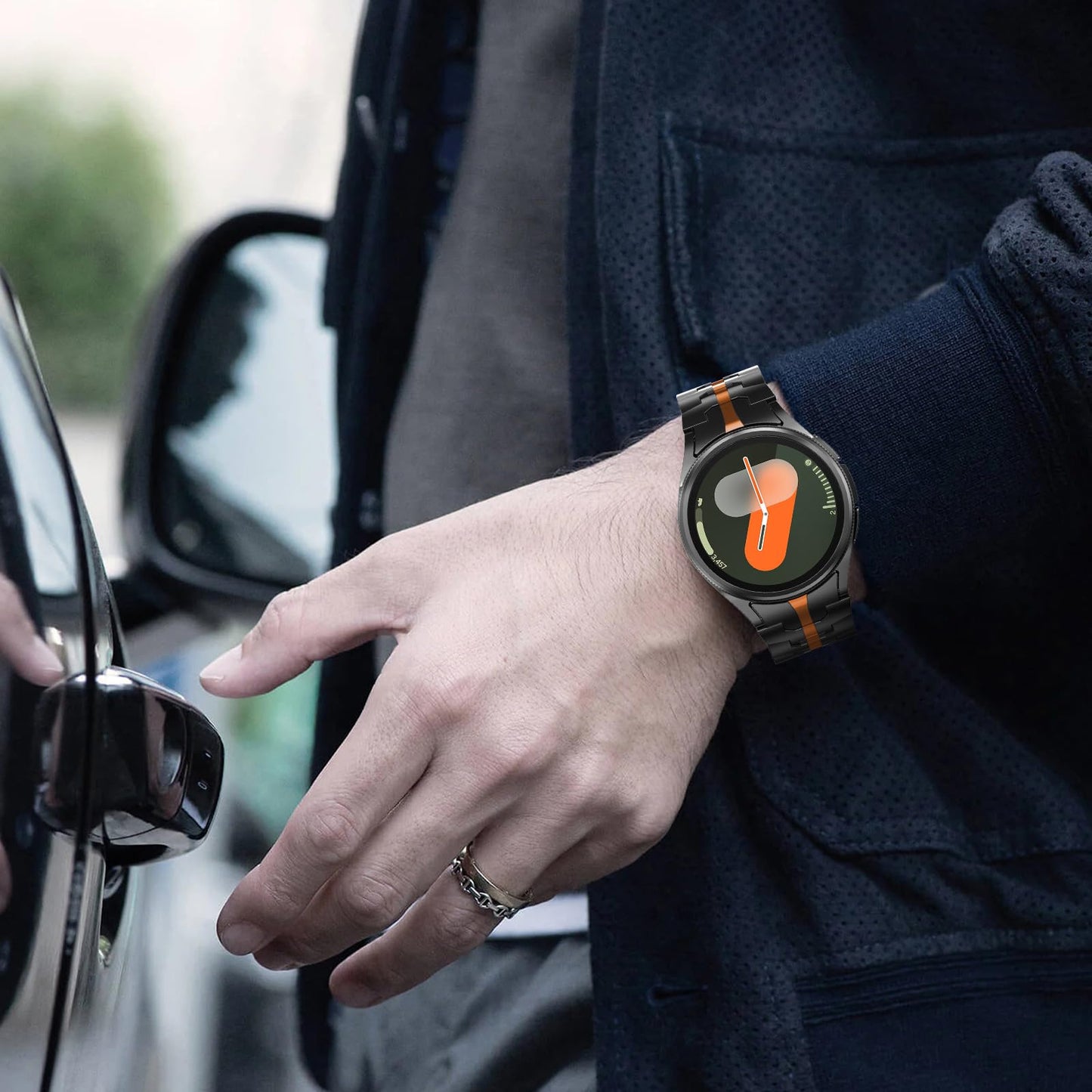 WINGLE Metal Bands for Samsung Galaxy Watch 7 6 5 4 Band Galaxy Watch 6 Classic/5 Pro/4 Classic/FE Band Men 47mm 43mm 45mm 44mm 40mm 46mm 42mm, No Gap Solid Stainless Steel Link, Black/Orange