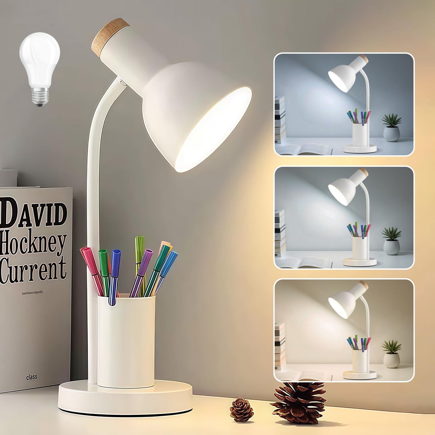 Desk Lamp, LED Desk Lamps for Home Office, 3 Color Modes Eye-Caring Reading Light, Flexible Gooseneck Desk Light with Pen Holder, Table Lamp for Bedroom Bedside College Dorm Study Room (White lamp)