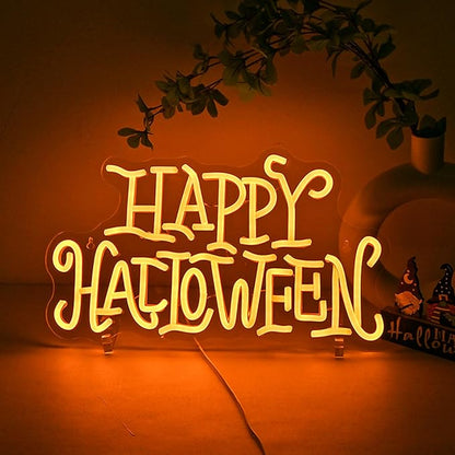 Wanxing Happy Halloween Neon Light Sign Golden Yellow Letter Led Nights for All Hallows' Day Party Wall Decor Art Decorations As a Gift for Children Friends Family 16.5'' * 19.4''