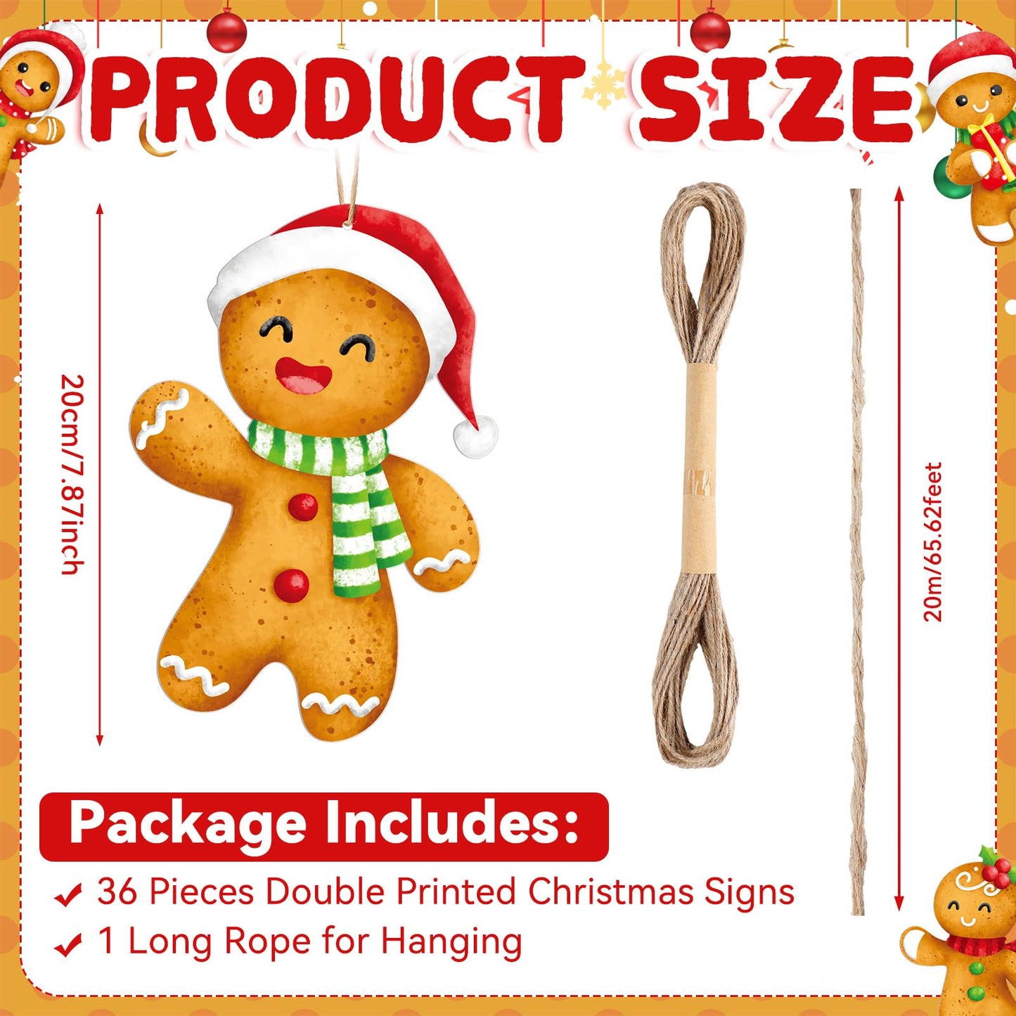 Soaoo 36 Pcs 7.9 Inch Gingerbread Man Christmas Outdoor Decorations Large Hanging Christmas Ornaments Double Sided Xmas Plastic Decor for Xmas Tree Office Home Yard Porch Holiday