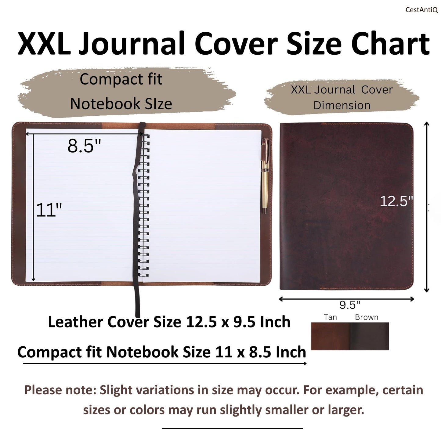 CestAntiQ, Heavy Duty Full Grain Leather Journal Cover (8.5 x 11 in.), Refillable Cahier XXL, Refillable Spiral Notebook (8.5 x 11 in.), Handmade Leather Journal Cover (Brown)
