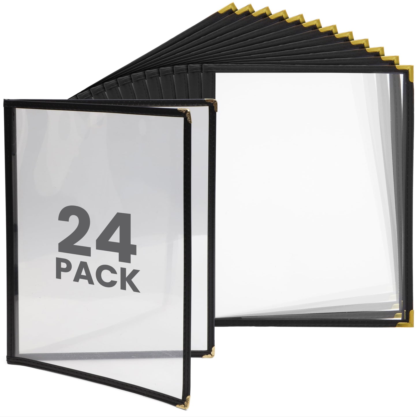 Juvale 24 Pack Clear Restaurant Menu Covers - 8.5 x 11 in Bifold Holders with Double Panels, Black PU Leather & Brass Corners, Durable PVC - Stylish Menu Holders for Restaurants, Cafes & Food Trucks
