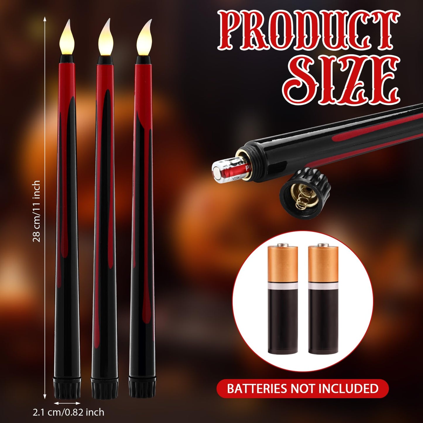 Kittmip 6 Pcs Halloween Flameless Taper Candles 11 Inch Long Red Black Battery Operated LED Bloody Candles Haunted Table Centerpiece for Holiday Party Table Decor