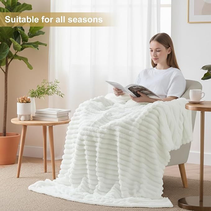 decorUhome Soft Fleece White Throw Blanket for Couch, Cozy Fluffy Plush Flannel Striped Blanket for Sofa Bed, Lightweight Decorative Ribbed Fuzzy Blanket for Woman, 50x60 Inches