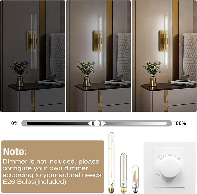 Brass Wall Sconces, 22.8" Bathroom Light Fixtures, Gold Wall Sconces Set of 2, 2-Light Dimmable Wall Sconce with Glass, Modern Vanity Light Up and Down Wall Lighting for Living Room Hallway