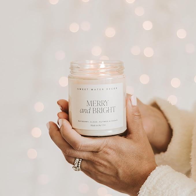 Sweet Water Decor Merry and Bright Candle - Bayberry, Fir, Nutmeg, and Clove Winter Holiday Scented Soy Candles for Home - 9oz Clear Jar, 40 Hour Burn Time, Made in The USA