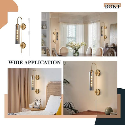 BOKT Mid Century Modern Brass Gold Plug in Wall Light Lamp 1 Light Indoor Smoke Gray Glass Wall Sconce Lighting Single Vintage Wall Mounted Bedroom Lights Plug in Sconces Wall Lighting (Smoke Gray)