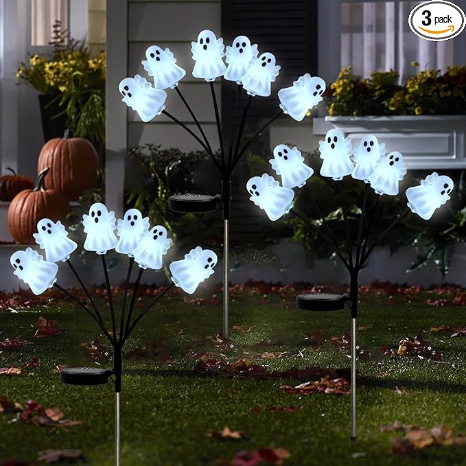 SUNNYPARK Set of 3 Halloween Ghost Lights Outdoor Solar Pathway Lights with 18 Cool White LEDs for Garden Yard Lawn Patio Decorations