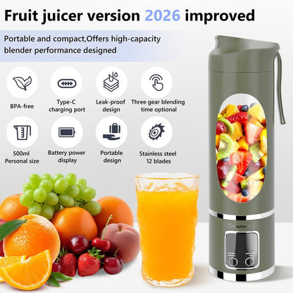 EASYSPEED Portable Blender Electric USB-C, 500ML Personal Juicer for Shakes, 12 Blades, 1500mAh Rechargeable, BPA Free, 18oz Small Blender with Leakproof Lid & Sip Spout, Mixing, Compact