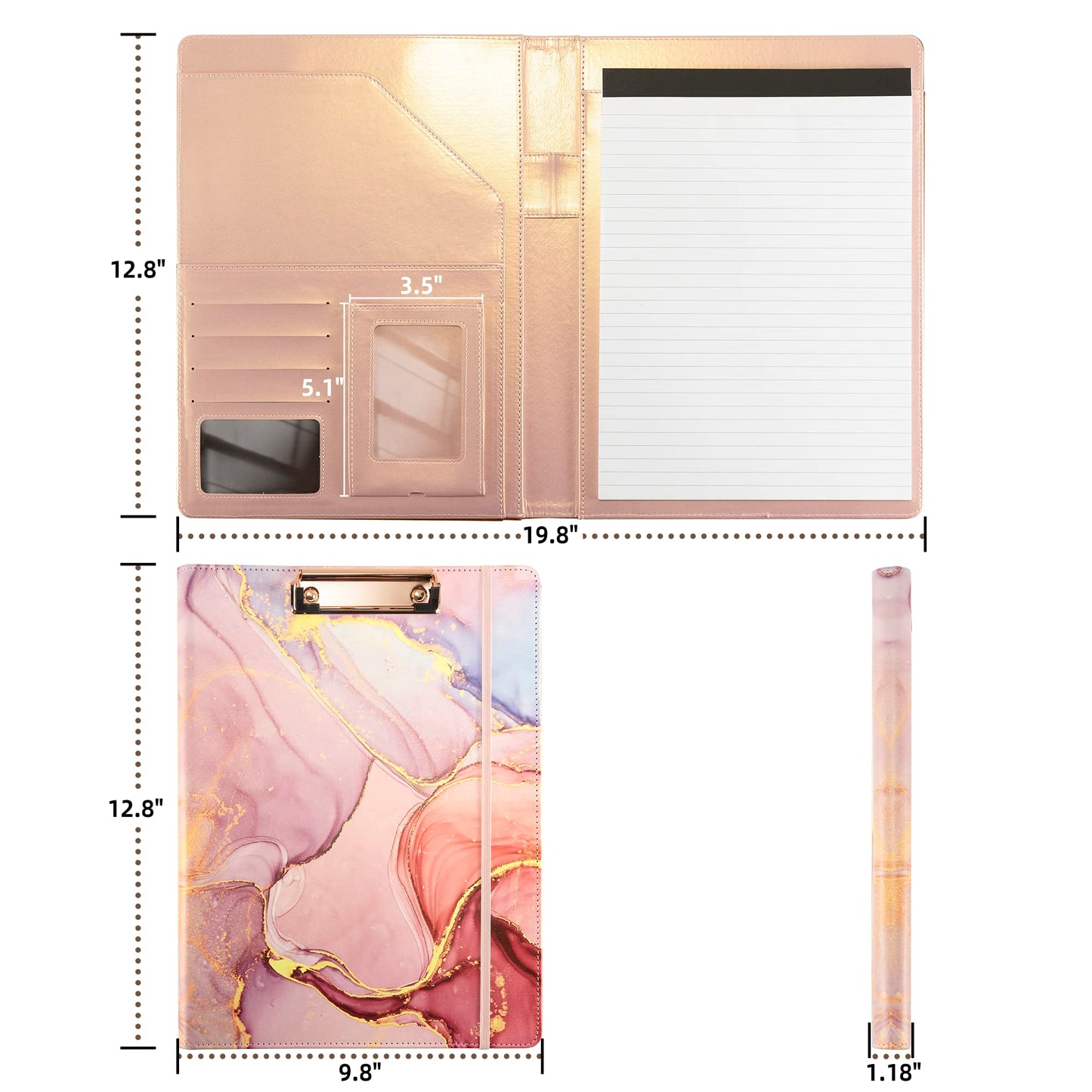 Leather Portfolio Binder Folder Storage Clipboard Pink Padfolio for School Side Straps Document Organizer
