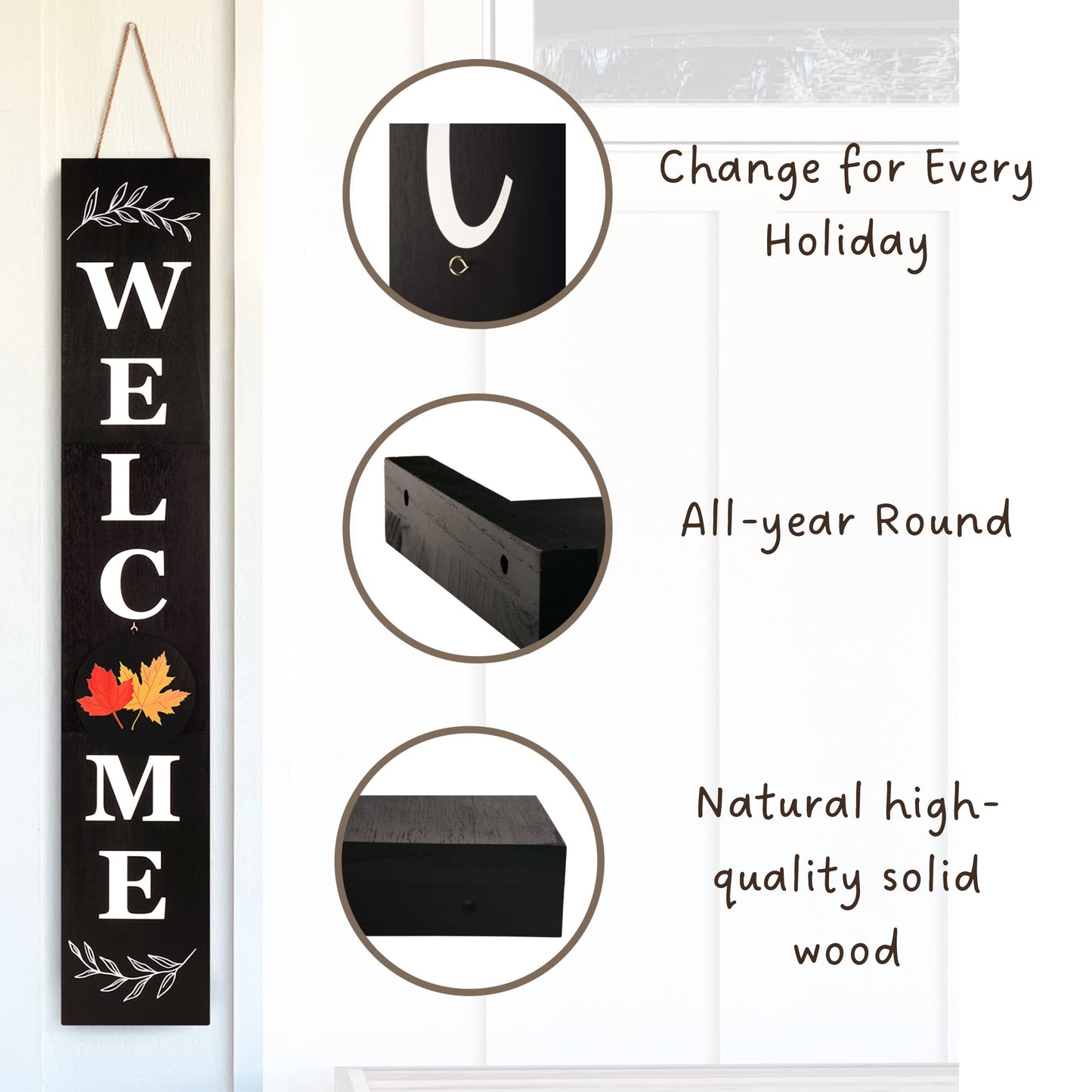 Perfnique Welcome sign for front porch standing, 47 x 7.9 Inch Wooden Leaner Sign with 10 Interchangeable Designed Icons, Seasonal Decor for Spring Easter Fall Christmas(Black)