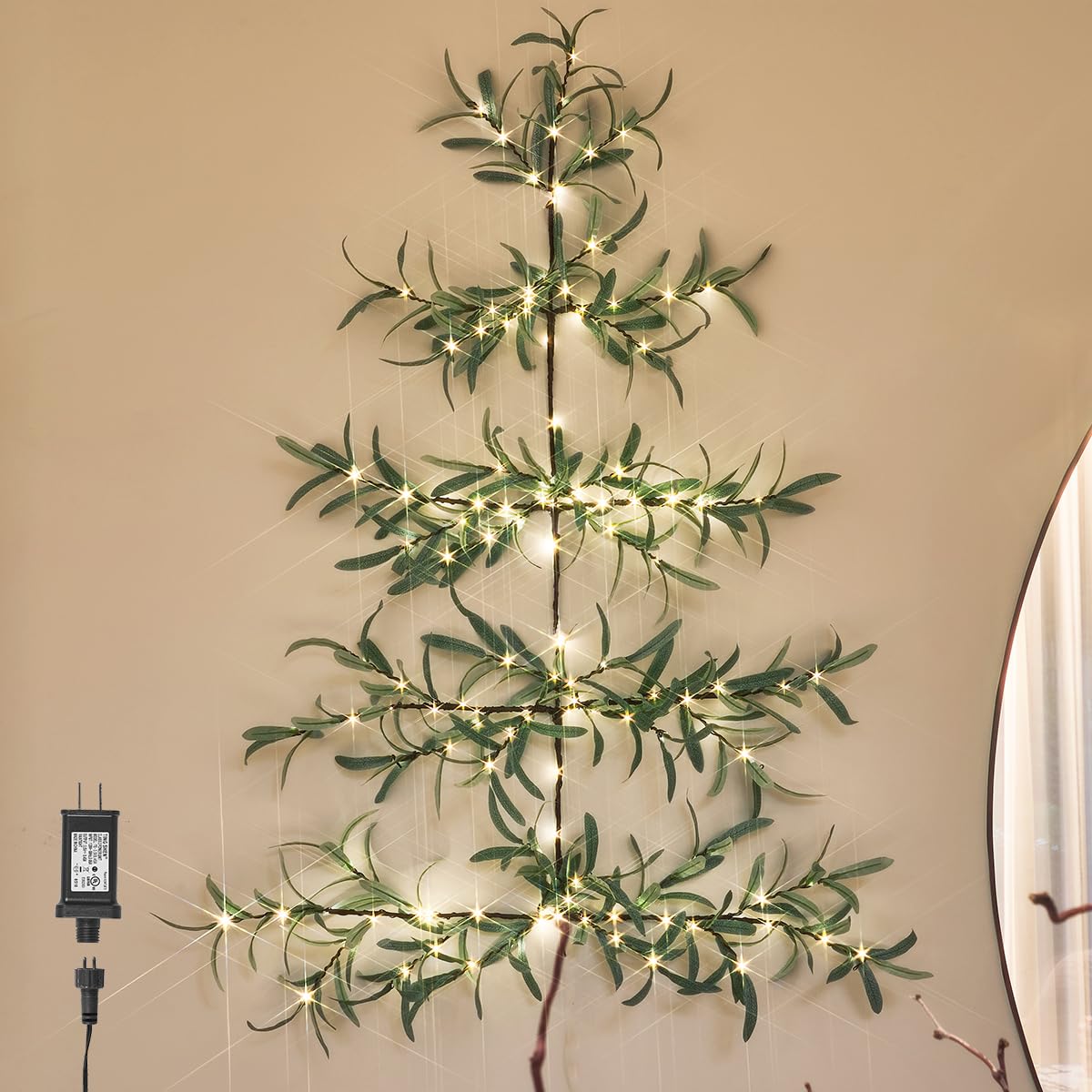 LITBLOOM Lighted Olive Wall Tree with Timer, Lighted Vine Garland with 140 Fairy Lights 3.5FT for Home Window Wall Christmas Spring Decoration Indoor Outdoor