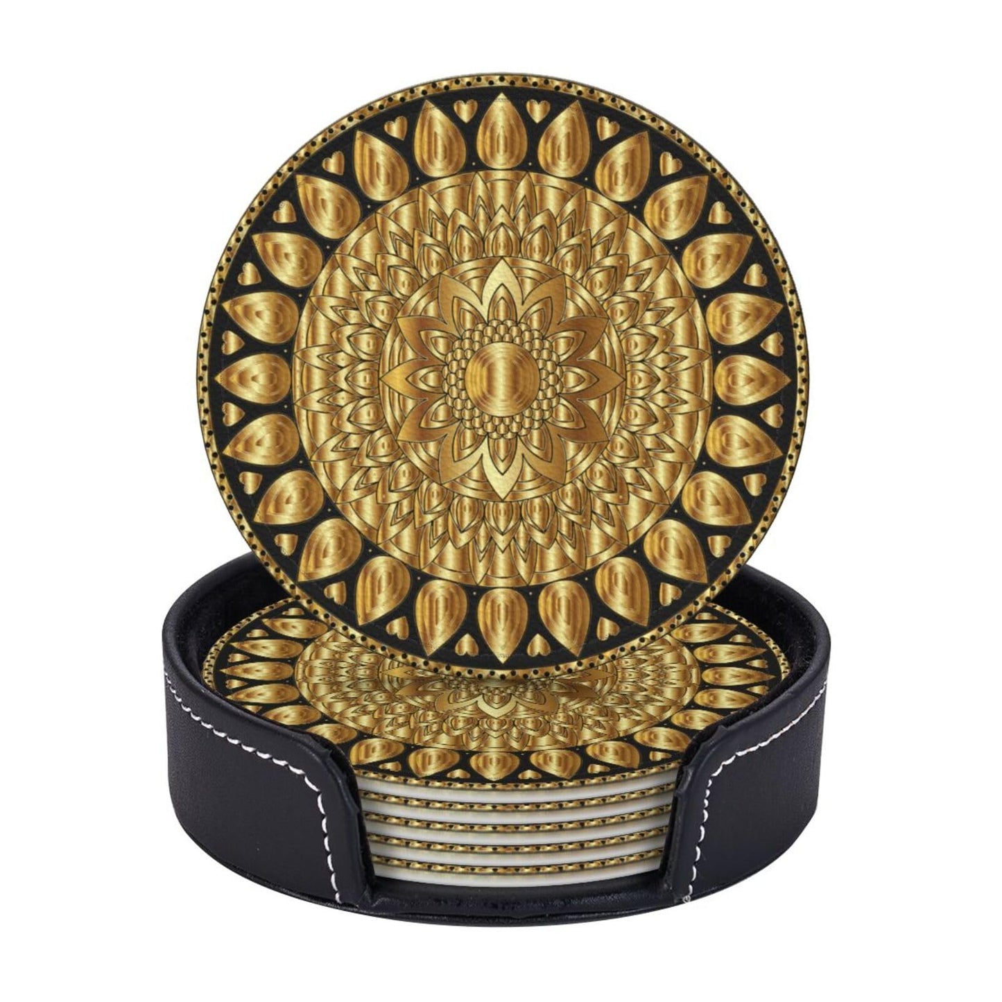 BOXIMIAO Drink Coasters with Holder Stand Set of 6, Pu Leather Absorbent Coasters with Cork Base Table Coaster Round Coasters for Housewarming Apartment Kitchen Bar Decor Mandala Art Floral Gold