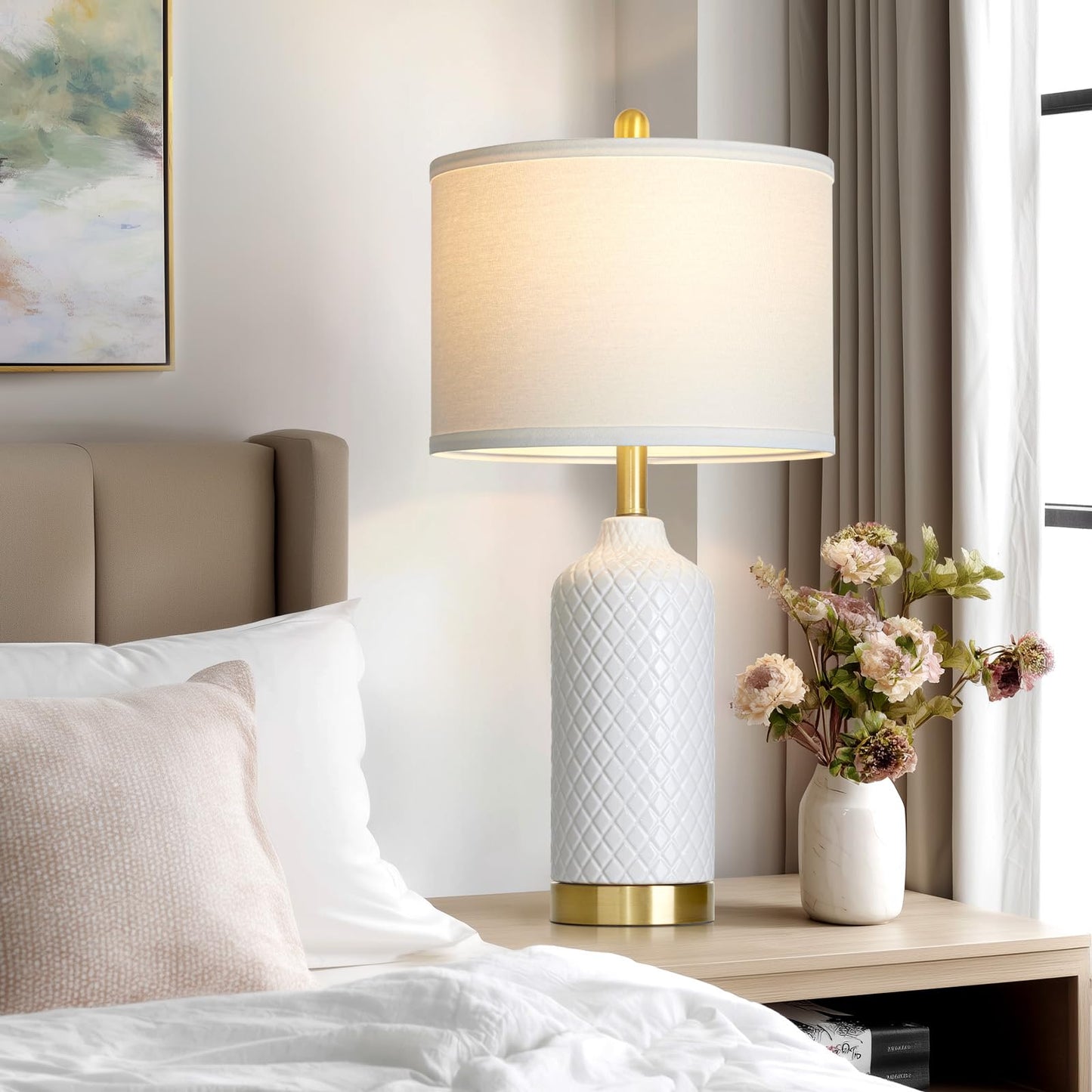luxeflow 26“ White Ceramic Table Lamps for Living Room, Modern Ceramic Lamps Set of 2, Tall Bedside Lamp for Nightstand, Classic Farmhouse Bedroom Lamp for Desk Side End Table Home Decor