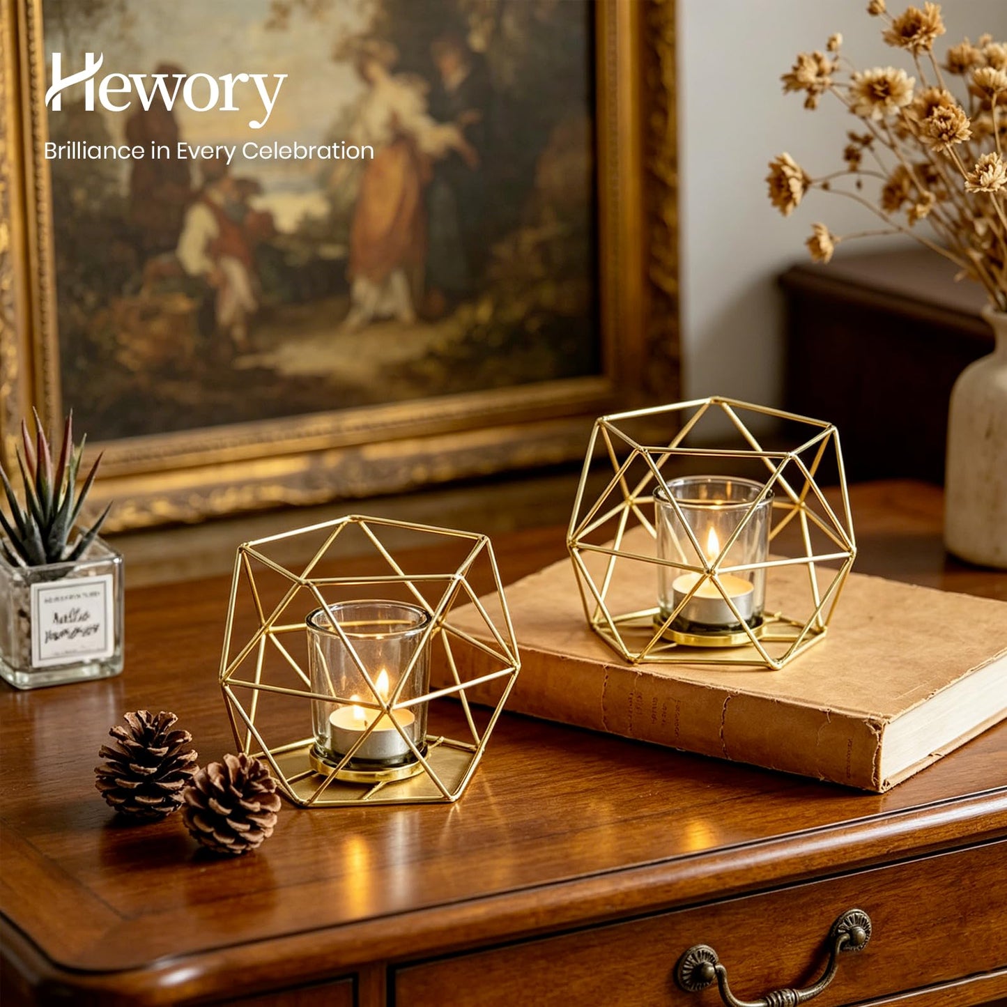 Hewory Geometric Tealight Candle Holders Gold, Modern Metal Geo Wedding Centerpieces for Table, Votive Candle Stand Accent for Tea Light for Home Shelf Mantel Christmas Birthday Party Decor, 12pcs