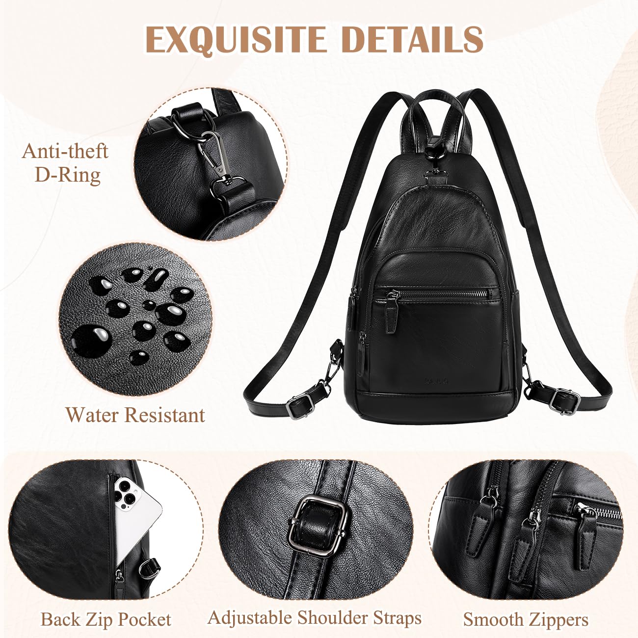 RAVUO Sling Bag for Women, Faux Leather Convertible Backpack Purse Ladies Anti Theft Cross Body Bag with Multi Pockets for Travel Cycling Hiking Shopping,Black