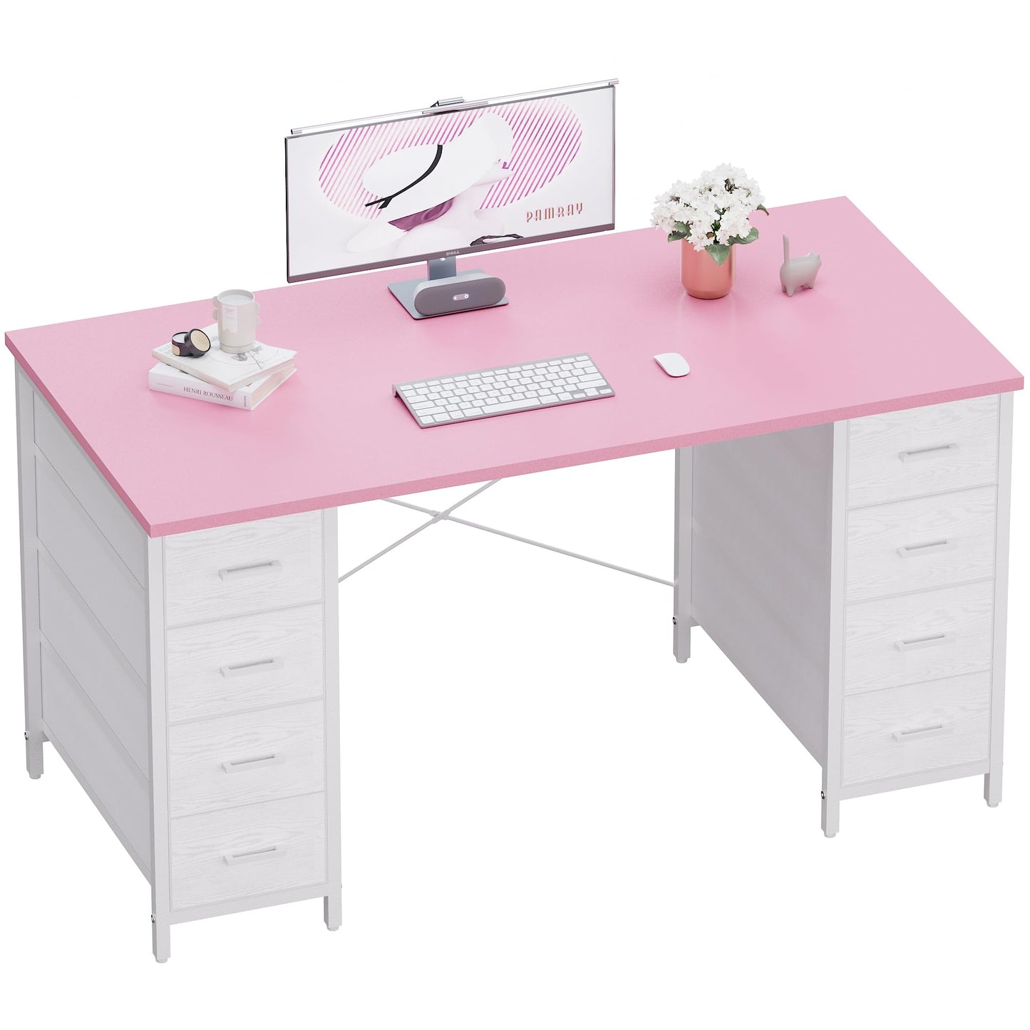 Pamray 47 Inch Computer Desk with 8 Fabric Drawers PC Gaming Desk Home Office Study Work Writing Table for Bedroom Pink