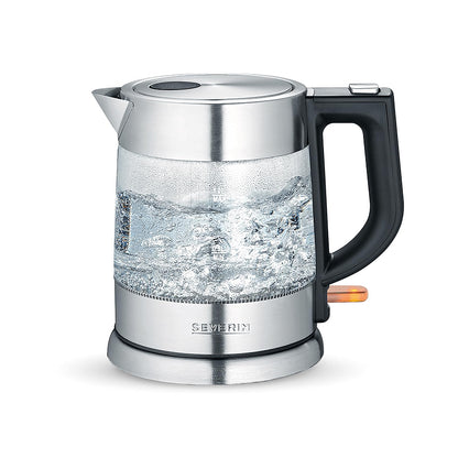 SEVERIN Glass Kettle, Powerful and Compact Kettle in High-Quality Design, Electric Kettle with Limescale Filter, Stainless Steel/Black, WK 3468, Kettle for 1 Litre