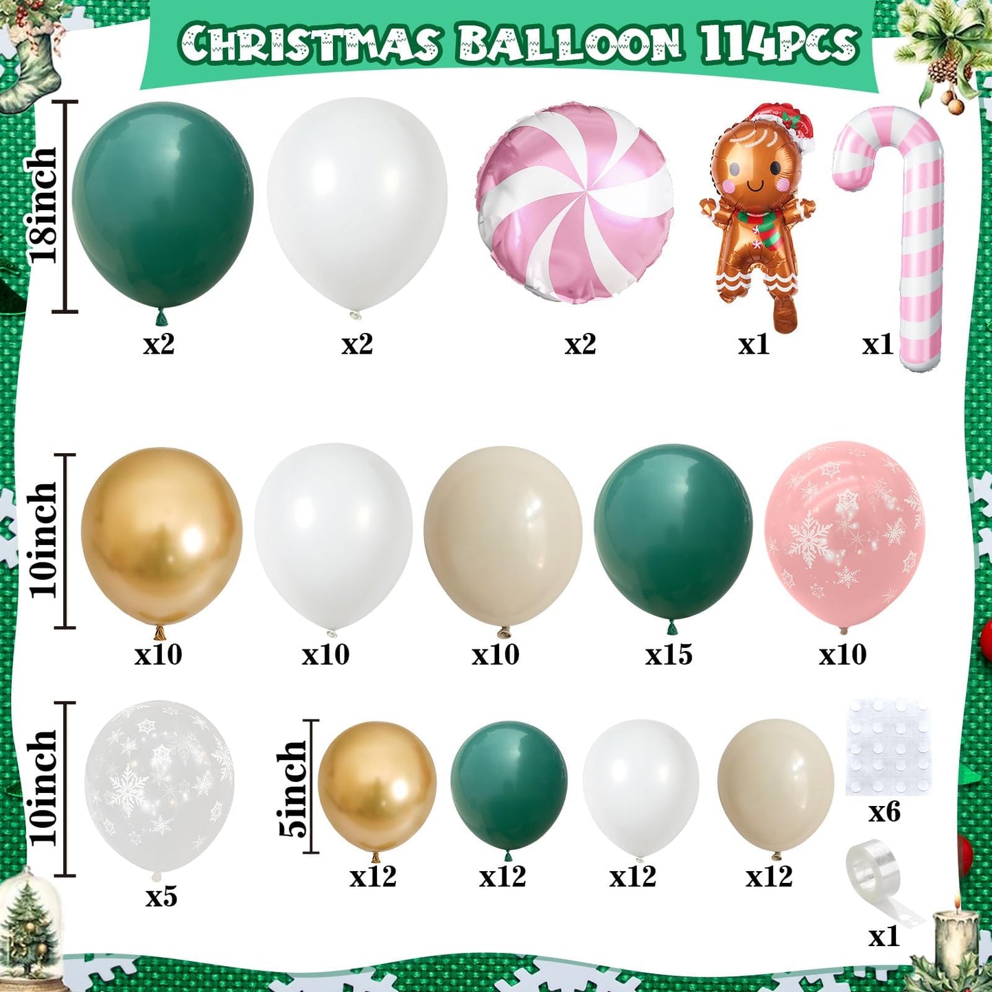 Froova Christmas Decorations Balloons Arch Kit 114Pcs Green White Apricot Transparent Snowflake Balloons Garland, Gingerbread Man Candy Cane Windmill Foil Balloon for Winter Holiday Xmas Supplies