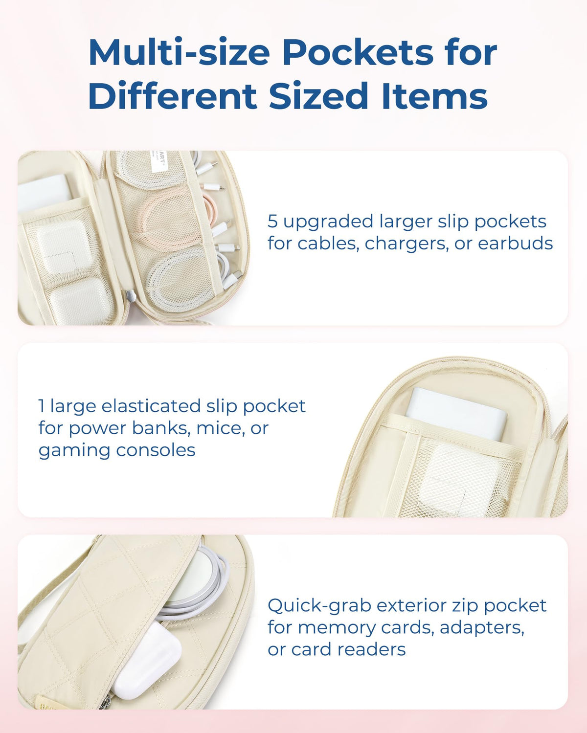 BAGSMART Cord Organizer Travel Cable Bag, Compact Tech Electronic Organizer Travel Case, Essentials for Charger, Cable, Phone, Flash drive - Beige