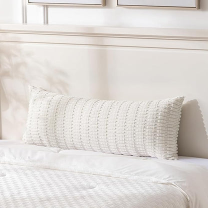 Fancy Homi Cream Boho Long Body Lumbar Decorative Throw Pillow Cover 14x36 Inch for Bed Couch Bedroom Bench, Soft Corduroy Rectangle Solid Pillow Case 35x91 cm, Rustic Farmhouse Room Decor